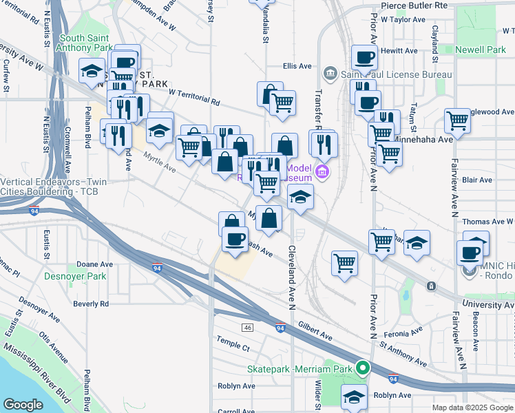 map of restaurants, bars, coffee shops, grocery stores, and more near 636 Vandalia Street in Saint Paul