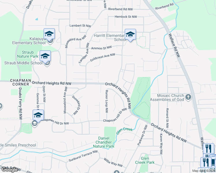 map of restaurants, bars, coffee shops, grocery stores, and more near 1390 Ranier Loop Northwest in Salem