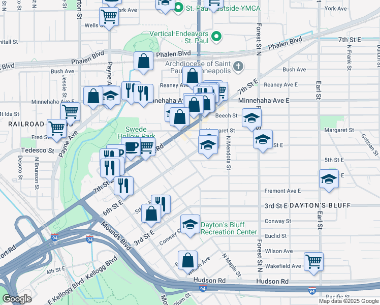 map of restaurants, bars, coffee shops, grocery stores, and more near 795 6th Street East in Saint Paul