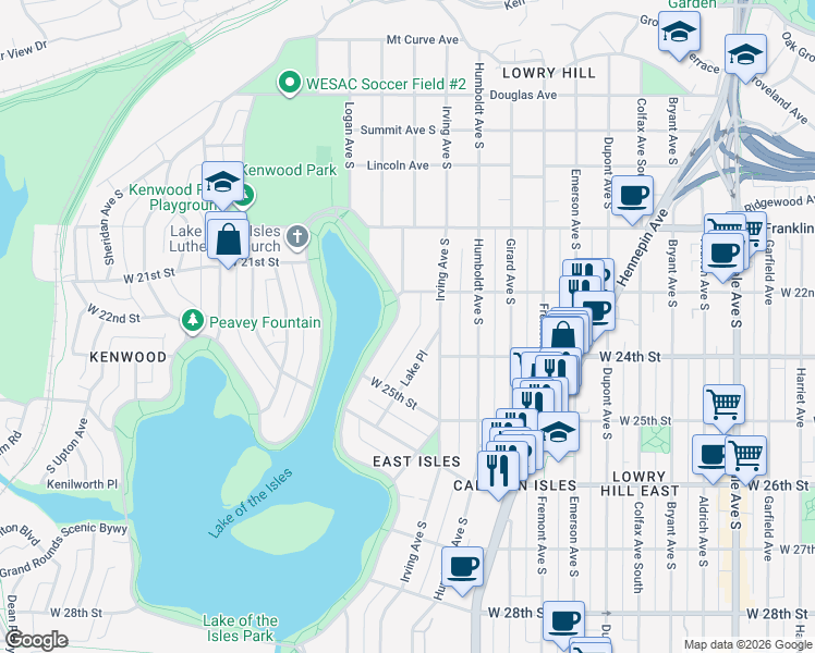 map of restaurants, bars, coffee shops, grocery stores, and more near 2323 Lake of the Isles Parkway East in Minneapolis