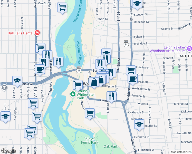 map of restaurants, bars, coffee shops, grocery stores, and more near 320 North 2nd Street in Wausau