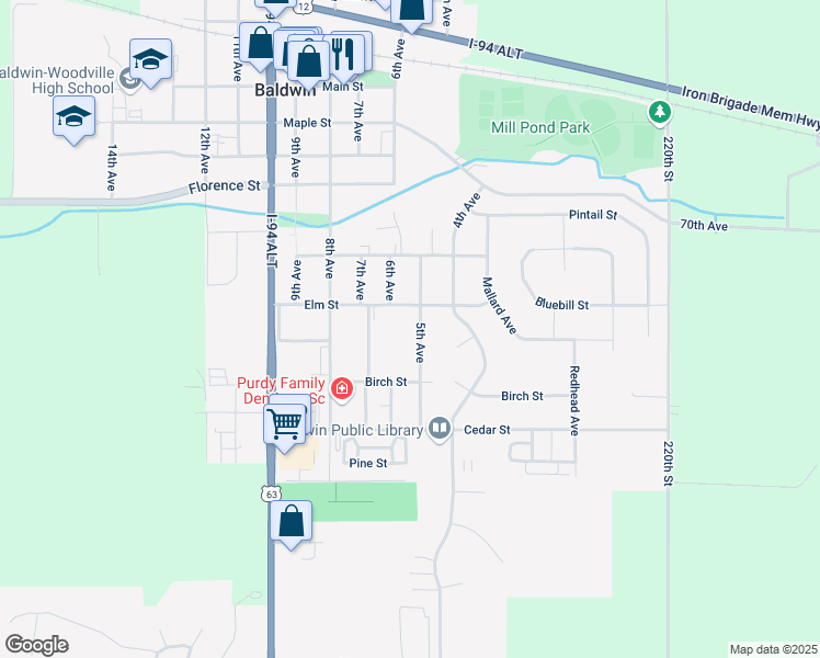 map of restaurants, bars, coffee shops, grocery stores, and more near 1600 Birchwood Drive in Baldwin