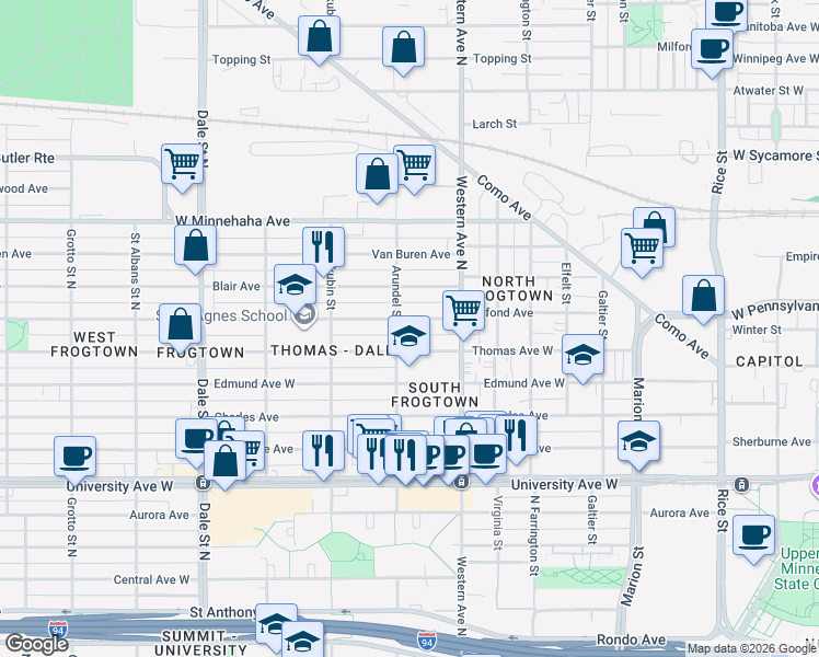 map of restaurants, bars, coffee shops, grocery stores, and more near 439 Thomas Avenue West in Saint Paul