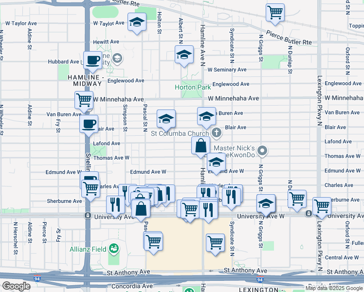 map of restaurants, bars, coffee shops, grocery stores, and more near 1395 Thomas Avenue West in Saint Paul