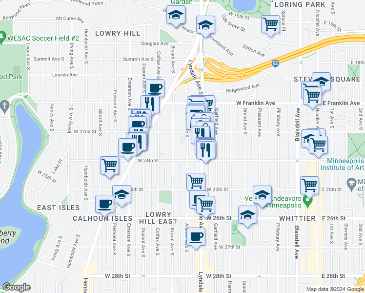 map of restaurants, bars, coffee shops, grocery stores, and more near 2310 Aldrich Avenue South in Minneapolis