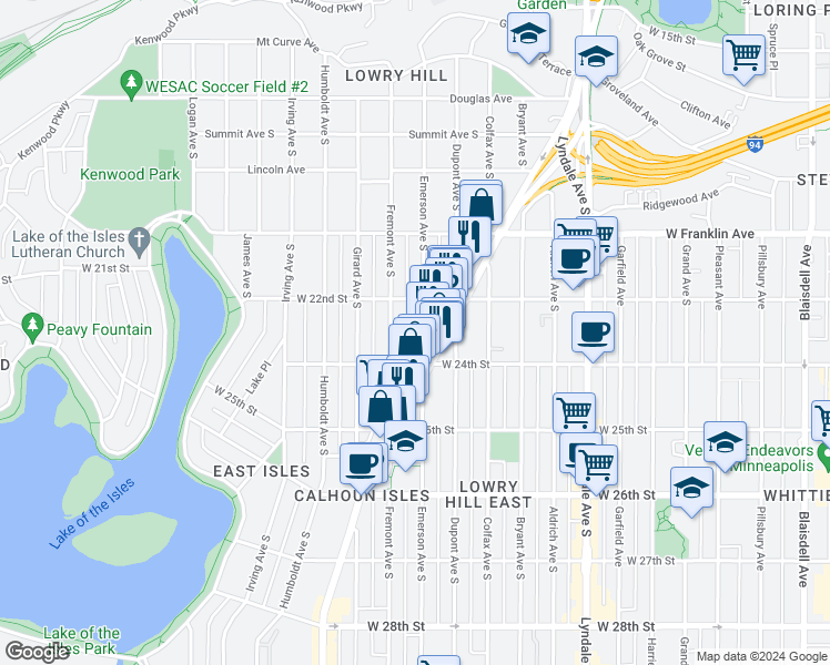 map of restaurants, bars, coffee shops, grocery stores, and more near 2330 Hennepin Avenue South in Minneapolis