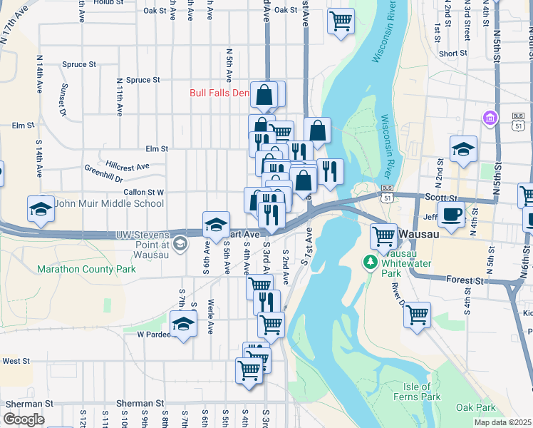 map of restaurants, bars, coffee shops, grocery stores, and more near Clark Street in Wausau