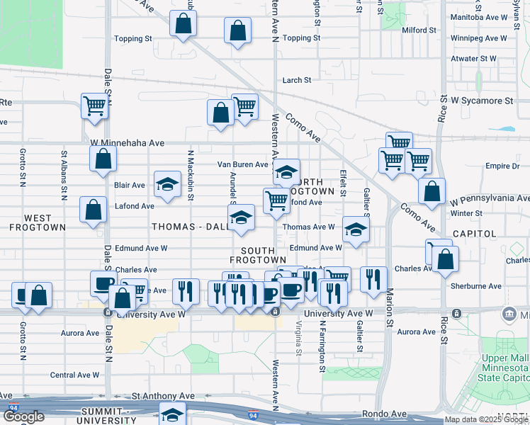 map of restaurants, bars, coffee shops, grocery stores, and more near 397 Thomas Avenue West in Saint Paul