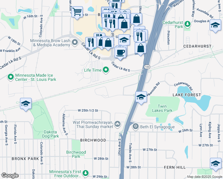 map of restaurants, bars, coffee shops, grocery stores, and more near 5320 West 23rd Street in Minneapolis