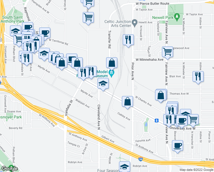map of restaurants, bars, coffee shops, grocery stores, and more near 2099 University Avenue West in Saint Paul