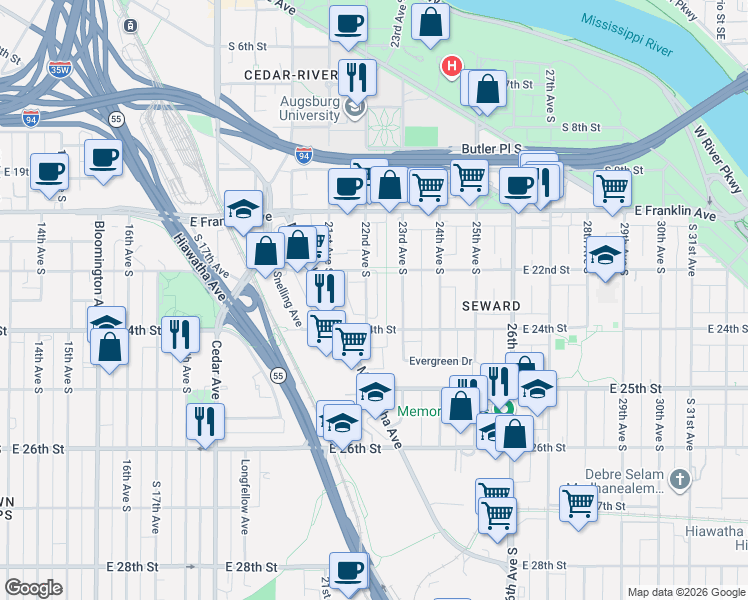 map of restaurants, bars, coffee shops, grocery stores, and more near 2318 Milwaukee Avenue in Minneapolis