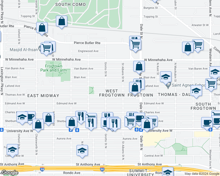 map of restaurants, bars, coffee shops, grocery stores, and more near 724 Lafond Avenue in Saint Paul