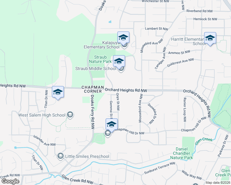map of restaurants, bars, coffee shops, grocery stores, and more near 1715 Onyx Street Northwest in Salem