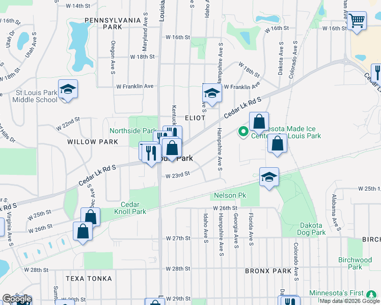 map of restaurants, bars, coffee shops, grocery stores, and more near 2280 Kentucky Lane in Minneapolis