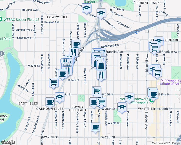 map of restaurants, bars, coffee shops, grocery stores, and more near 2300 Aldrich Avenue South in Minneapolis