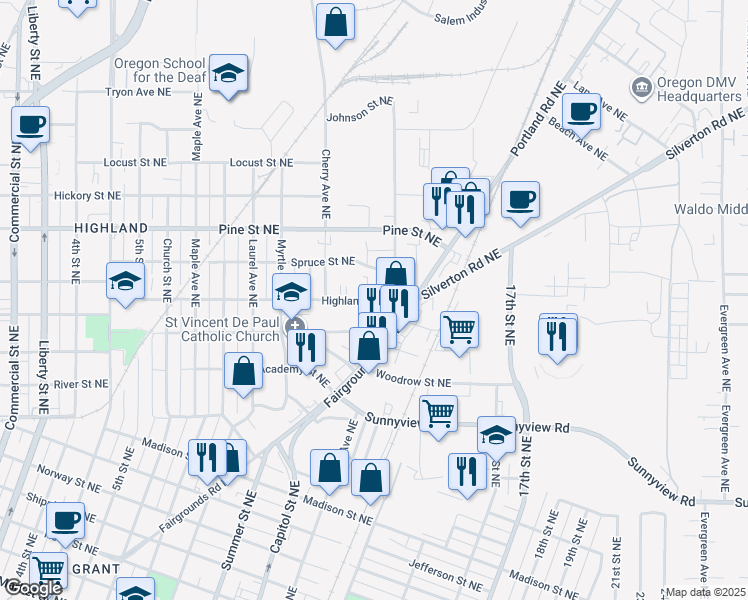 map of restaurants, bars, coffee shops, grocery stores, and more near 1195 Columbia Street Northeast in Salem