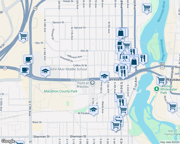 map of restaurants, bars, coffee shops, grocery stores, and more near 414 South 7th Avenue in Wausau
