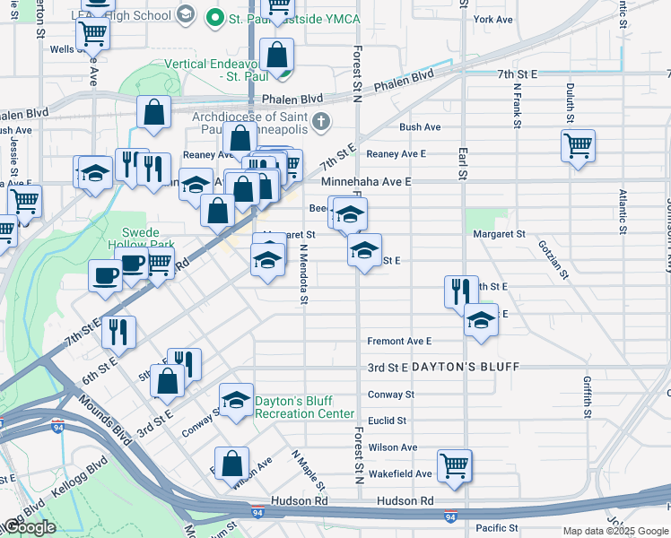 map of restaurants, bars, coffee shops, grocery stores, and more near 925 5th Street East in Saint Paul
