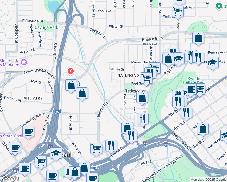 map of restaurants, bars, coffee shops, grocery stores, and more near in Saint Paul