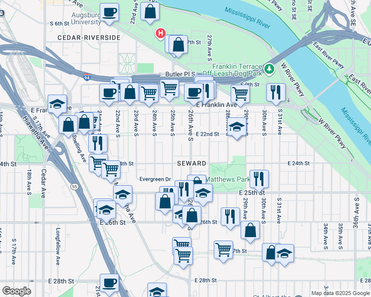 map of restaurants, bars, coffee shops, grocery stores, and more near 2510 East 24th Street in Minneapolis