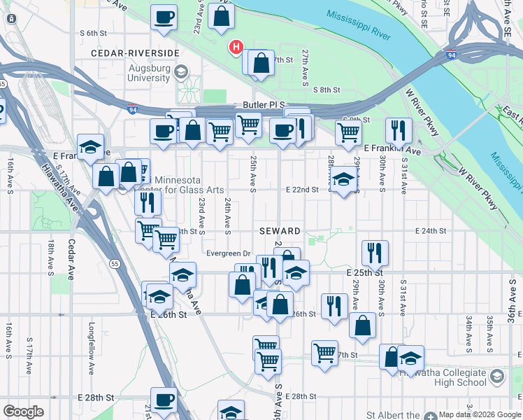 map of restaurants, bars, coffee shops, grocery stores, and more near 2510 East 24th Street in Minneapolis