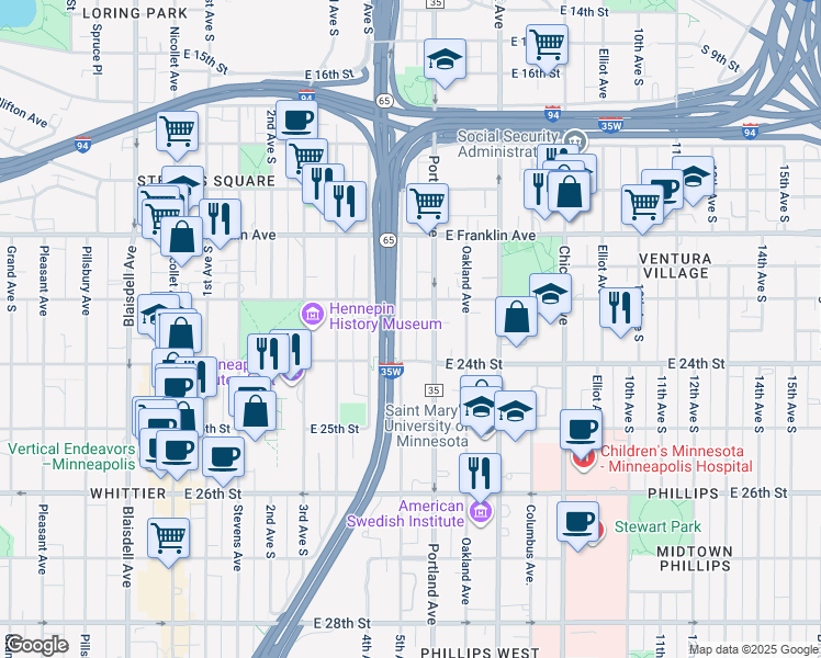 map of restaurants, bars, coffee shops, grocery stores, and more near 2315 South 5th Avenue in Minneapolis