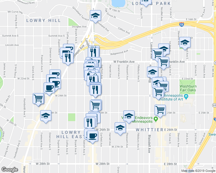 map of restaurants, bars, coffee shops, grocery stores, and more near 2317 Garfield Avenue in Minneapolis
