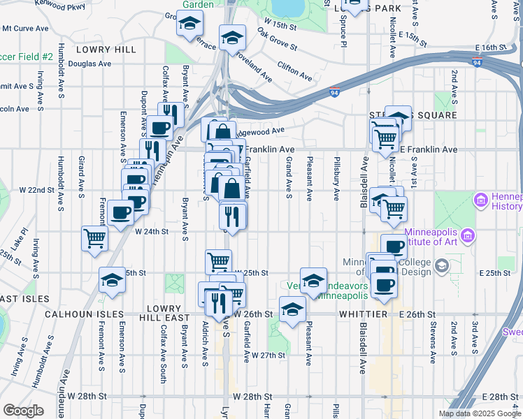map of restaurants, bars, coffee shops, grocery stores, and more near 2317 Garfield Avenue in Minneapolis
