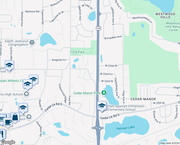 map of restaurants, bars, coffee shops, grocery stores, and more near 9621 Lonsdale Circle in Hopkins