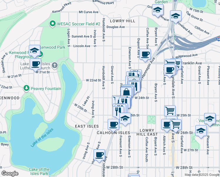 map of restaurants, bars, coffee shops, grocery stores, and more near 2222 Girard Avenue South in Minneapolis