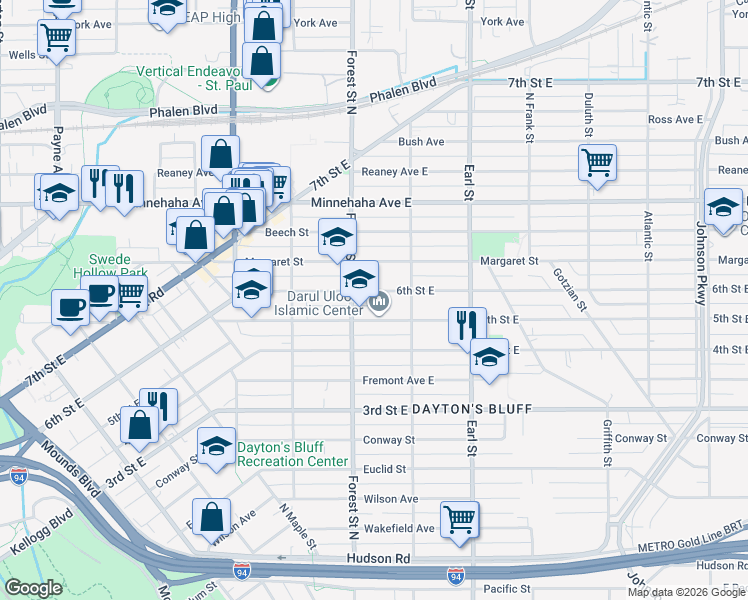 map of restaurants, bars, coffee shops, grocery stores, and more near 967 5th Street East in Saint Paul