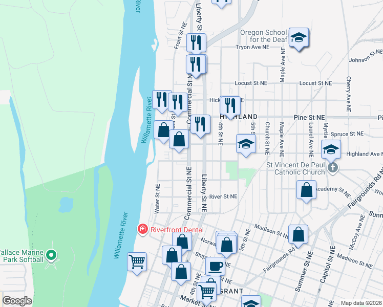 map of restaurants, bars, coffee shops, grocery stores, and more near 2142 Commercial Street Northeast in Salem