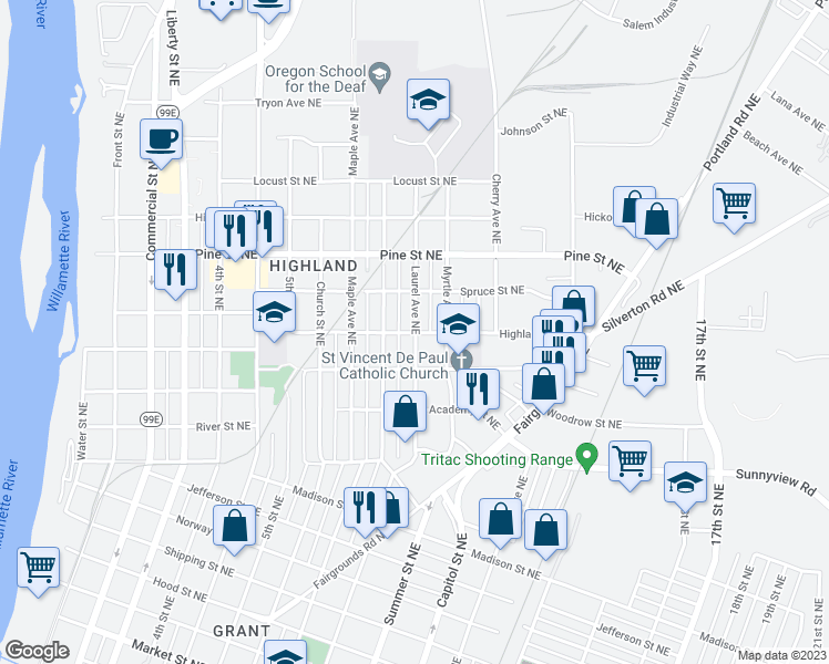 map of restaurants, bars, coffee shops, grocery stores, and more near 2301 Laurel Avenue Northeast in Salem