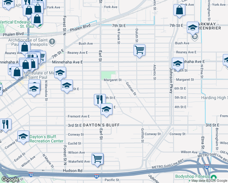 map of restaurants, bars, coffee shops, grocery stores, and more near 1104 5th Street East in Saint Paul