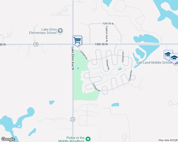 map of restaurants, bars, coffee shops, grocery stores, and more near 125 Cimarron in Lake Elmo