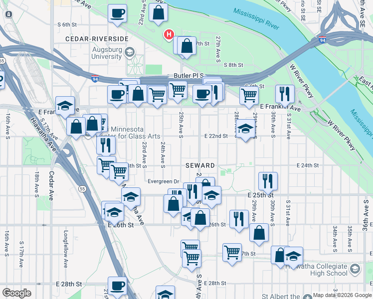 map of restaurants, bars, coffee shops, grocery stores, and more near 2510 East 24th Street in Minneapolis