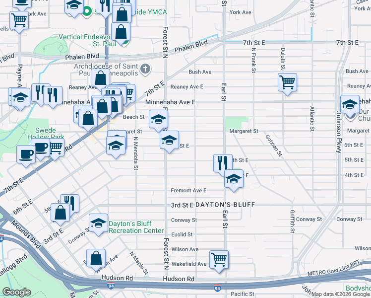 map of restaurants, bars, coffee shops, grocery stores, and more near 995 5th Street East in Saint Paul
