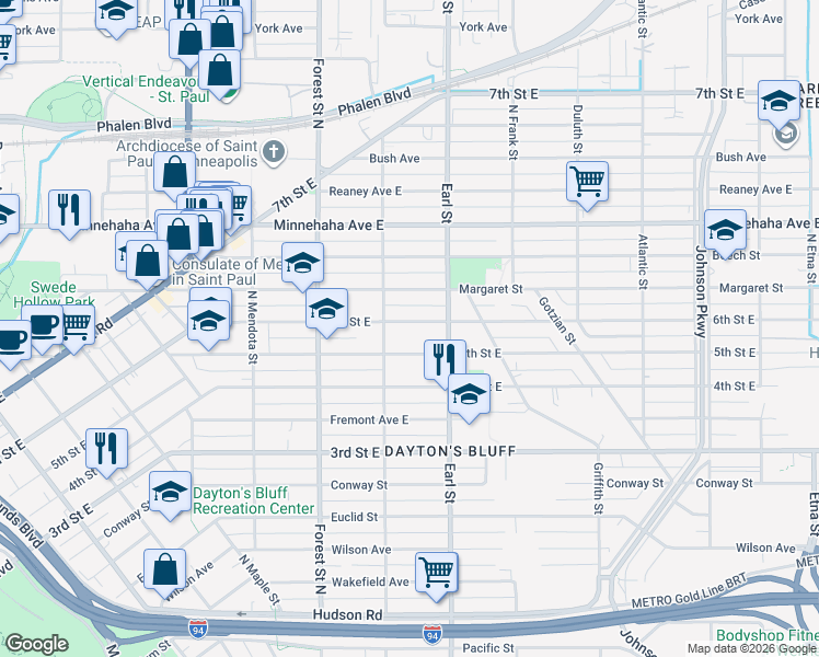 map of restaurants, bars, coffee shops, grocery stores, and more near 1031 5th Street East in Saint Paul