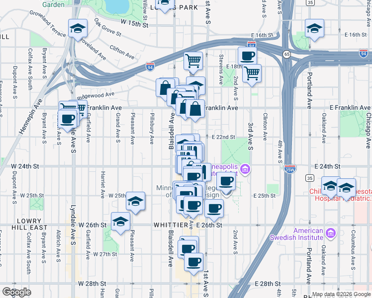 map of restaurants, bars, coffee shops, grocery stores, and more near 22 West 24th Street in Minneapolis