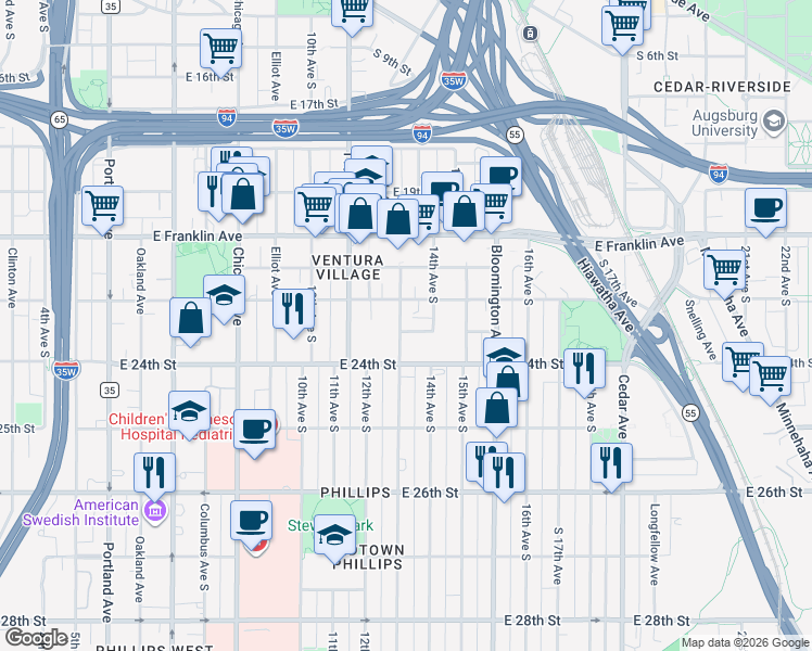 map of restaurants, bars, coffee shops, grocery stores, and more near 1300 East 23rd Street in Minneapolis
