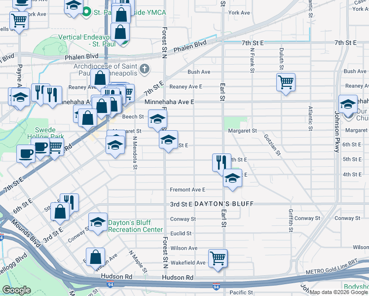 map of restaurants, bars, coffee shops, grocery stores, and more near 995 5th Street East in Saint Paul