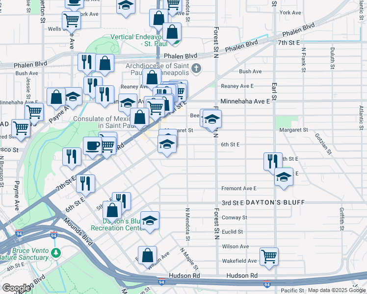map of restaurants, bars, coffee shops, grocery stores, and more near 859 5th Street East in Saint Paul