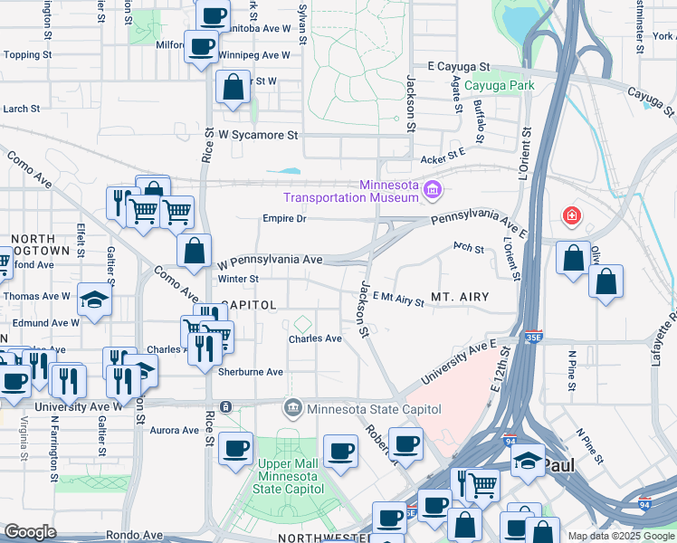 map of restaurants, bars, coffee shops, grocery stores, and more near 20 Winter Street in Saint Paul