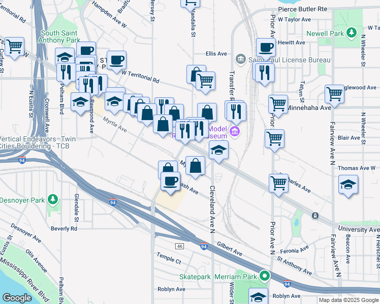 map of restaurants, bars, coffee shops, grocery stores, and more near 2135 Myrtle Ave in St Paul