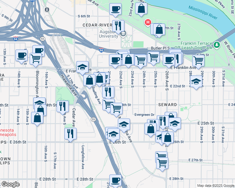 map of restaurants, bars, coffee shops, grocery stores, and more near 2104 East 24th Street in Minneapolis