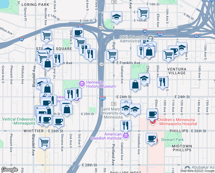 map of restaurants, bars, coffee shops, grocery stores, and more near 2315 South 5th Avenue in Minneapolis
