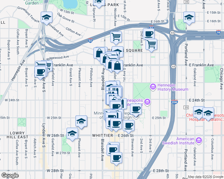 map of restaurants, bars, coffee shops, grocery stores, and more near 22 West 24th Street in Minneapolis