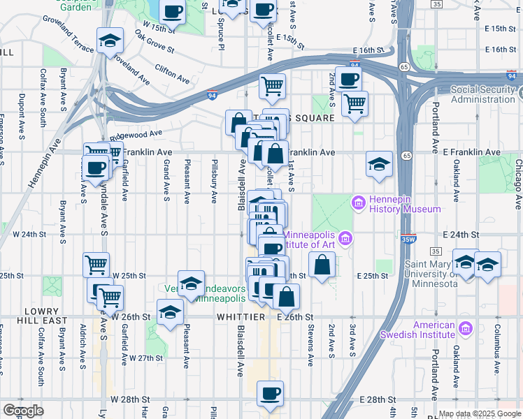 map of restaurants, bars, coffee shops, grocery stores, and more near 22 West 24th Street in Minneapolis