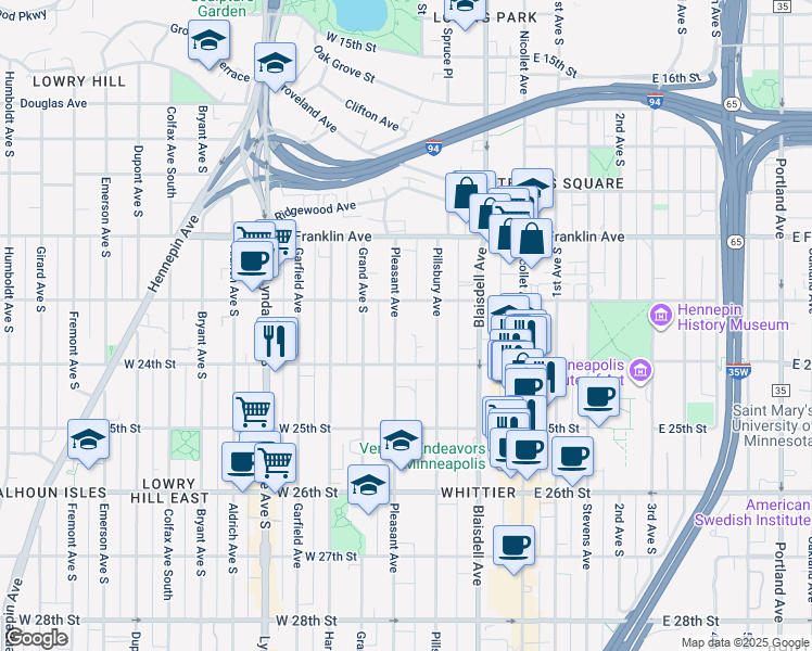 map of restaurants, bars, coffee shops, grocery stores, and more near in Minneapolis