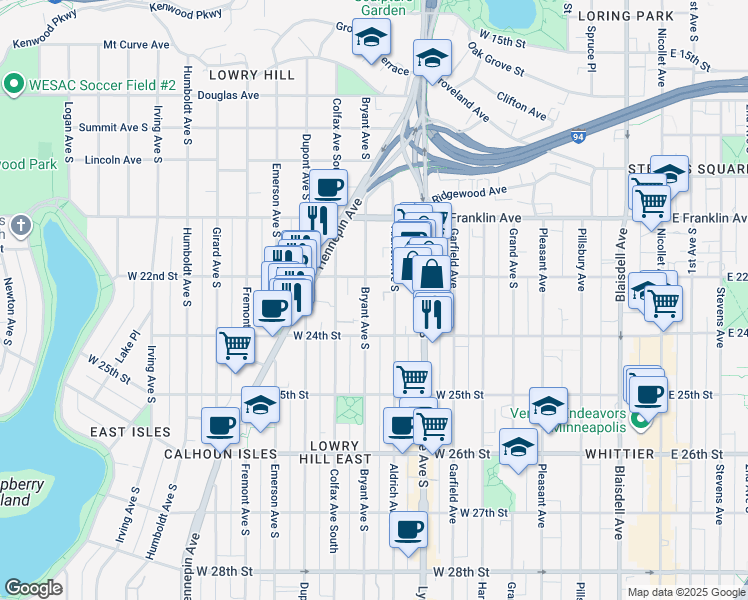 map of restaurants, bars, coffee shops, grocery stores, and more near 2310 Aldrich Avenue South in Minneapolis